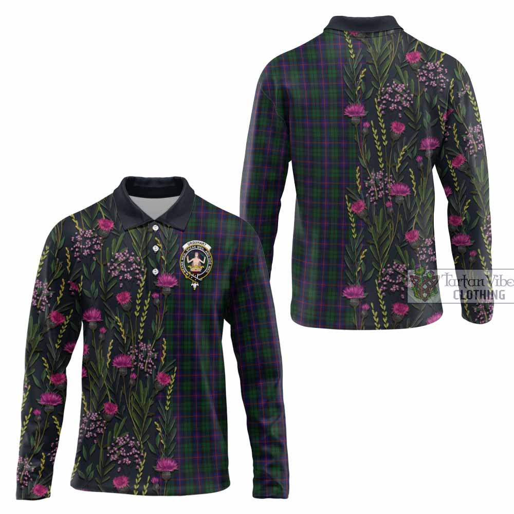 Urquhart Family Crest Tartan Long Sleeve Polo Shirt Scottish Thistle Flower Pattern Half Style - Tartan Vibes Clothing