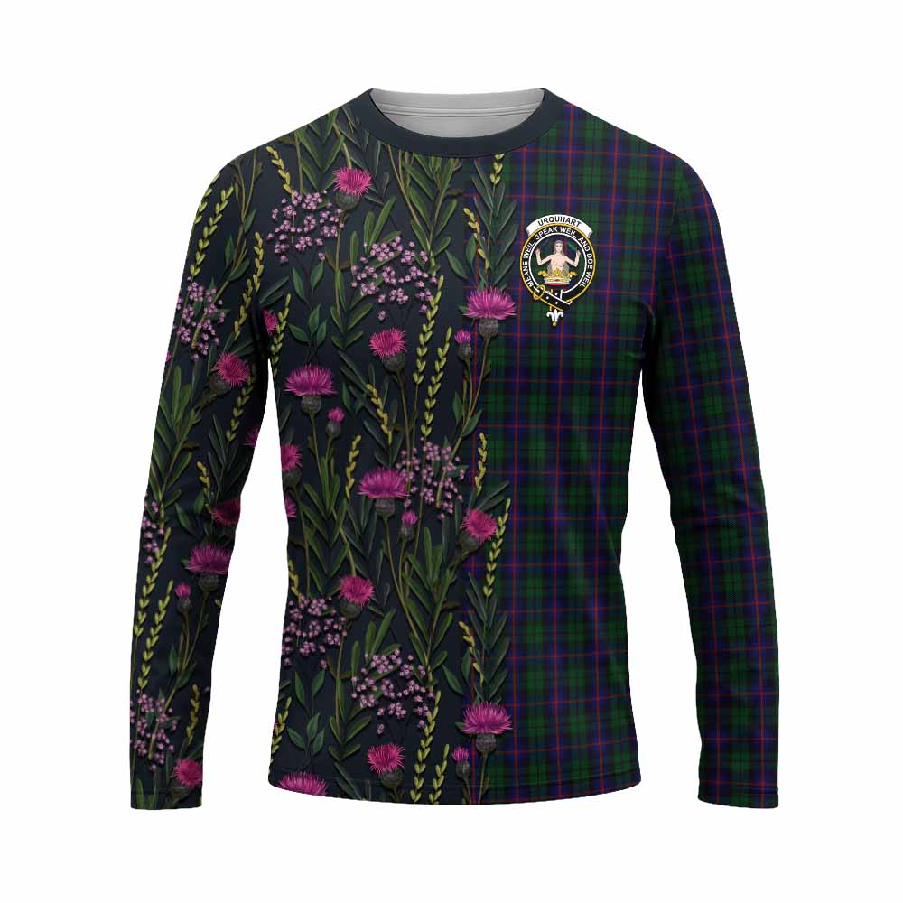 Urquhart Family Crest Tartan Long Sleeve T-Shirt Scottish Thistle Flower Pattern Half Style - Tartan Vibes Clothing
