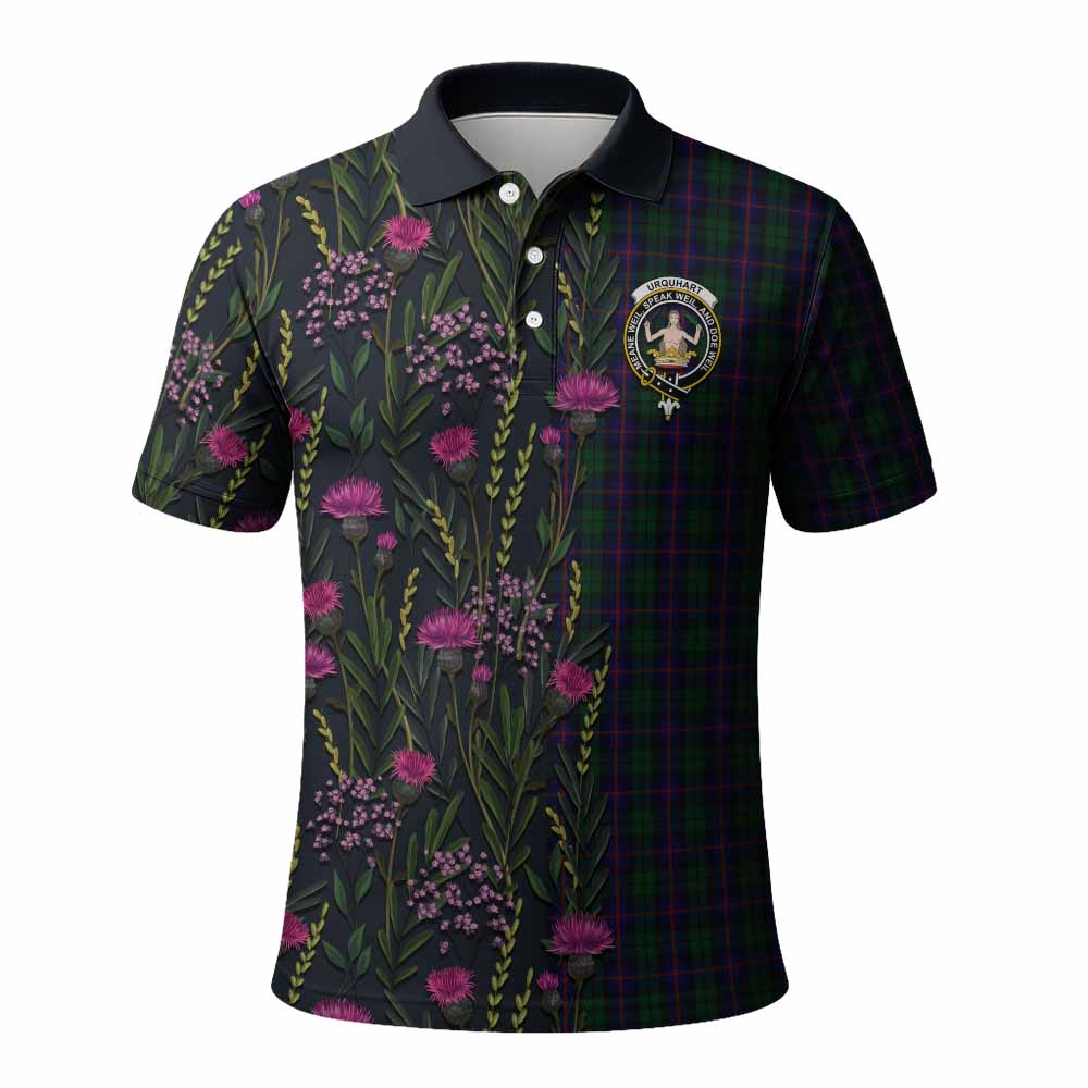 Urquhart Family Crest Tartan Polo Shirt Scottish Thistle Flower Pattern Half Style - Tartan Vibes Clothing