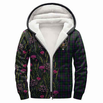 Urquhart Family Crest Tartan Sherpa Hoodie Scottish Thistle Flower Pattern Half Style