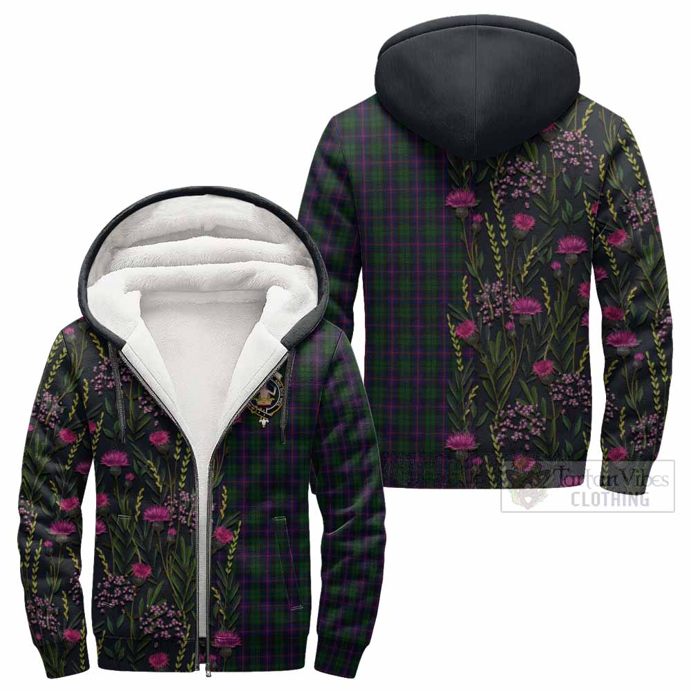 Urquhart Family Crest Tartan Sherpa Hoodie Scottish Thistle Flower Pattern Half Style - Tartan Vibes Clothing
