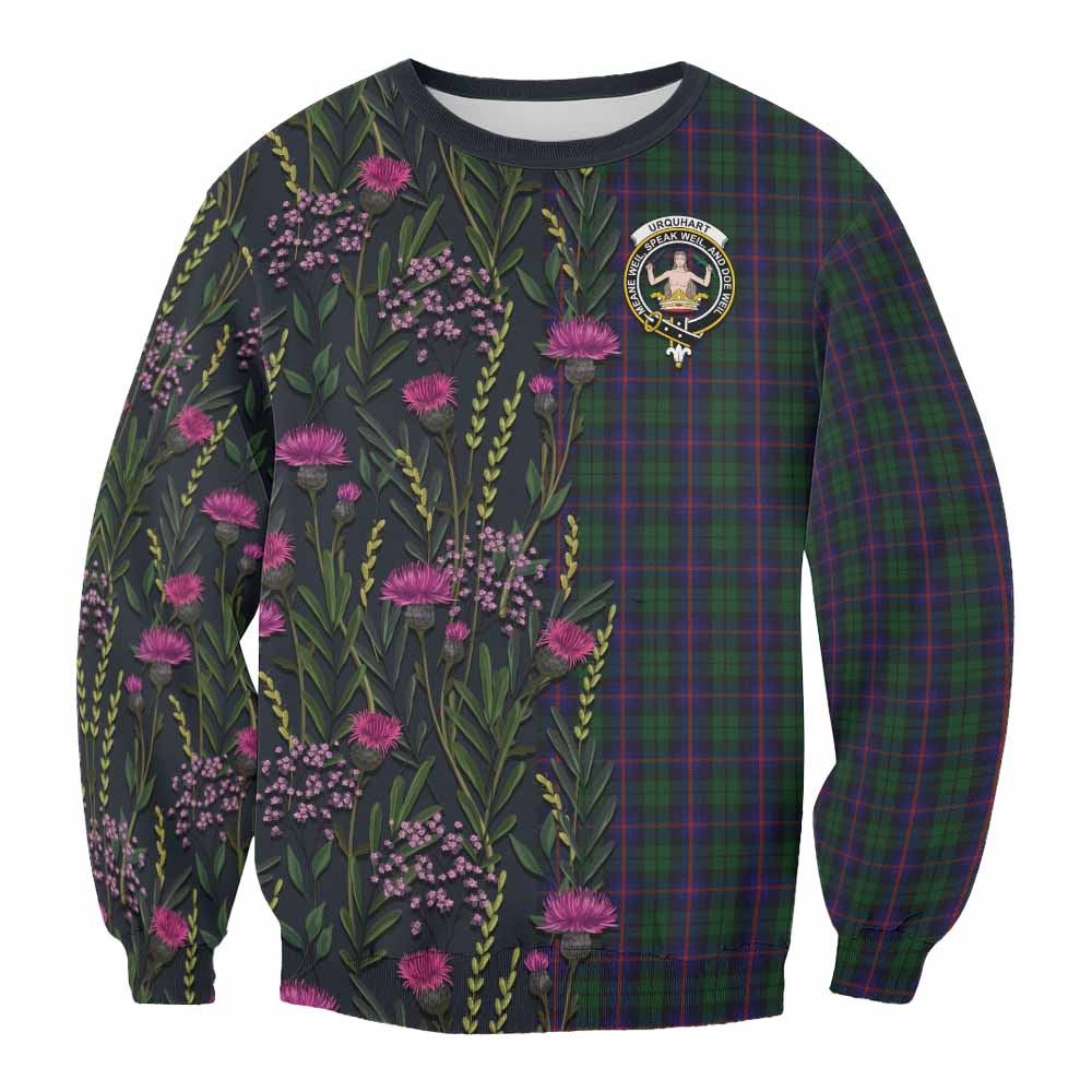 Urquhart Family Crest Tartan Sweatshirt Scottish Thistle Flower Pattern Half Style - Tartan Vibes Clothing