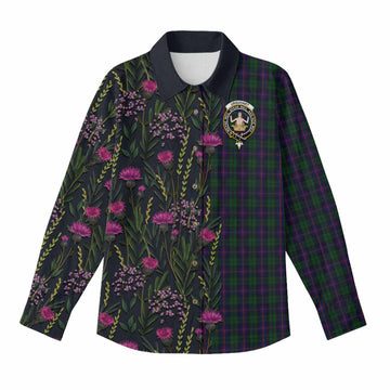 Urquhart Family Crest Tartan Women Casual Shirt Scottish Thistle Flower Pattern Half Style