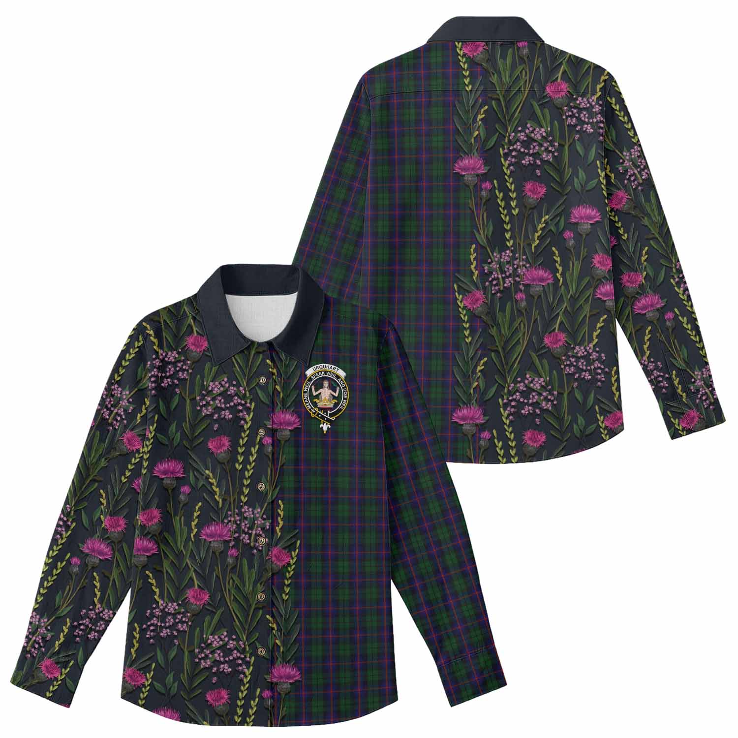 Urquhart Family Crest Tartan Women Casual Shirt Scottish Thistle Flower Pattern Half Style - Tartan Vibes Clothing