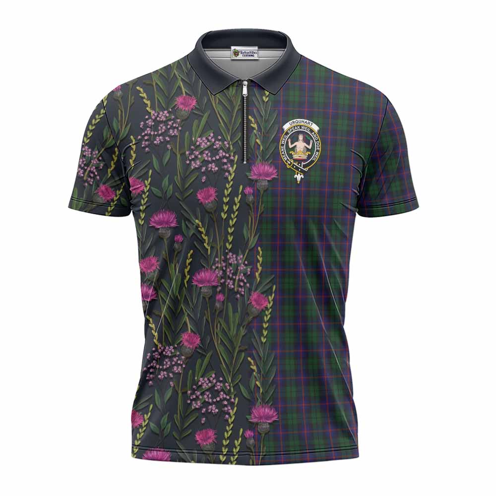 Urquhart Family Crest Tartan Zipper Polo Shirt Scottish Thistle Flower Pattern Half Style - Tartan Vibes Clothing