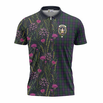 Urquhart Family Crest Tartan Zipper Polo Shirt Scottish Thistle Flower Pattern Half Style