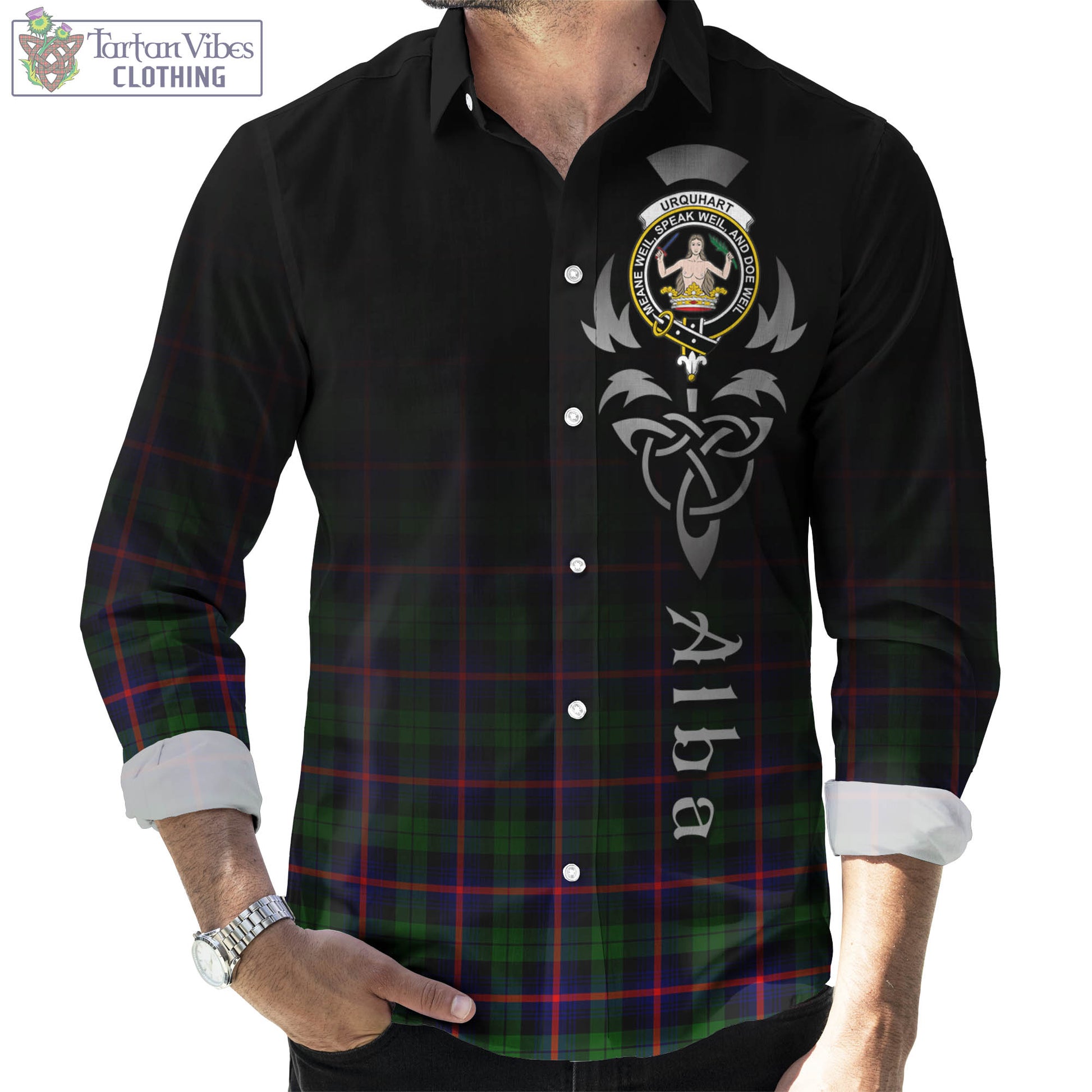 Tartan Vibes Clothing Urquhart Modern Tartan Long Sleeve Button Up Featuring Alba Gu Brath Family Crest Celtic Inspired