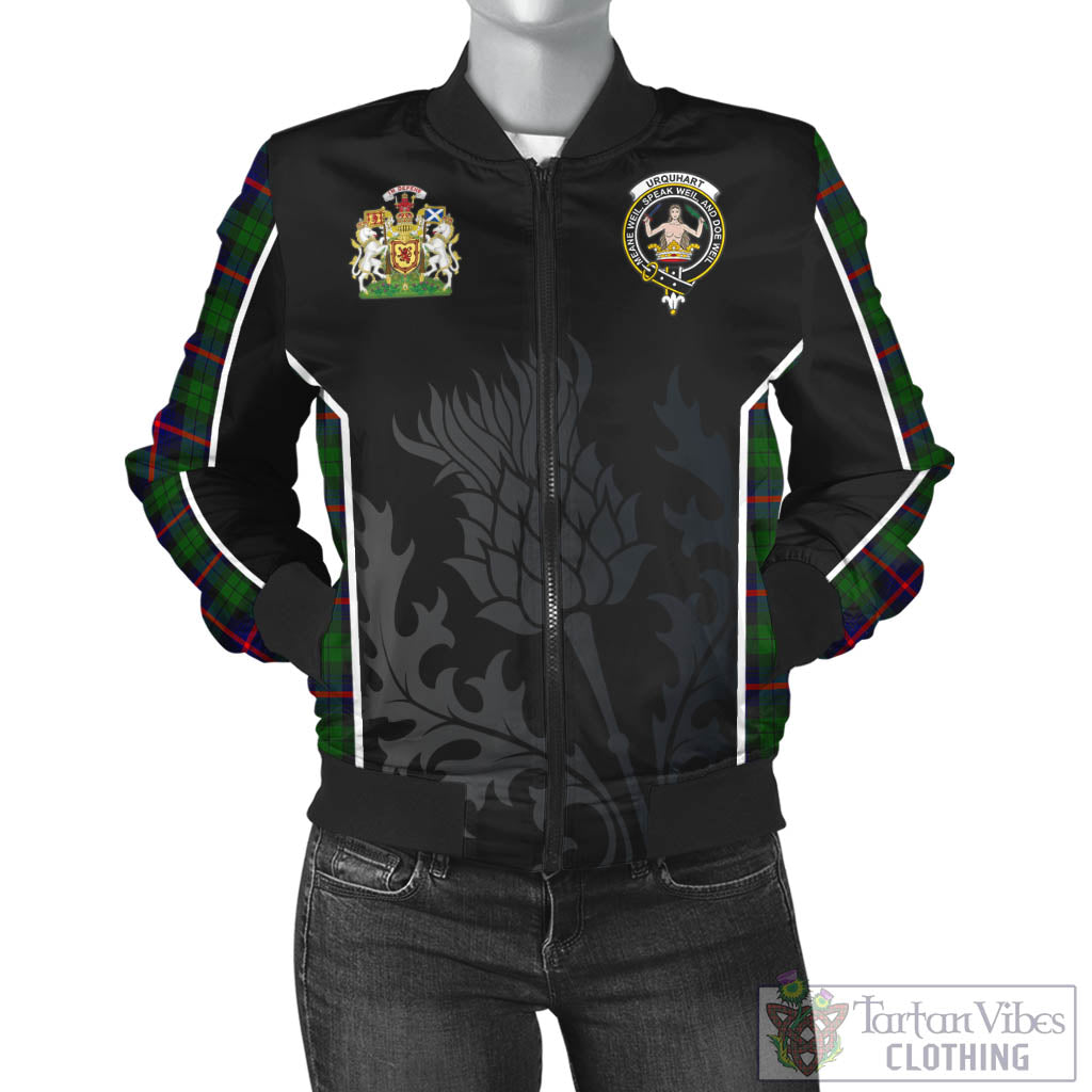 Tartan Vibes Clothing Urquhart Modern Tartan Bomber Jacket with Family Crest and Scottish Thistle Vibes Sport Style