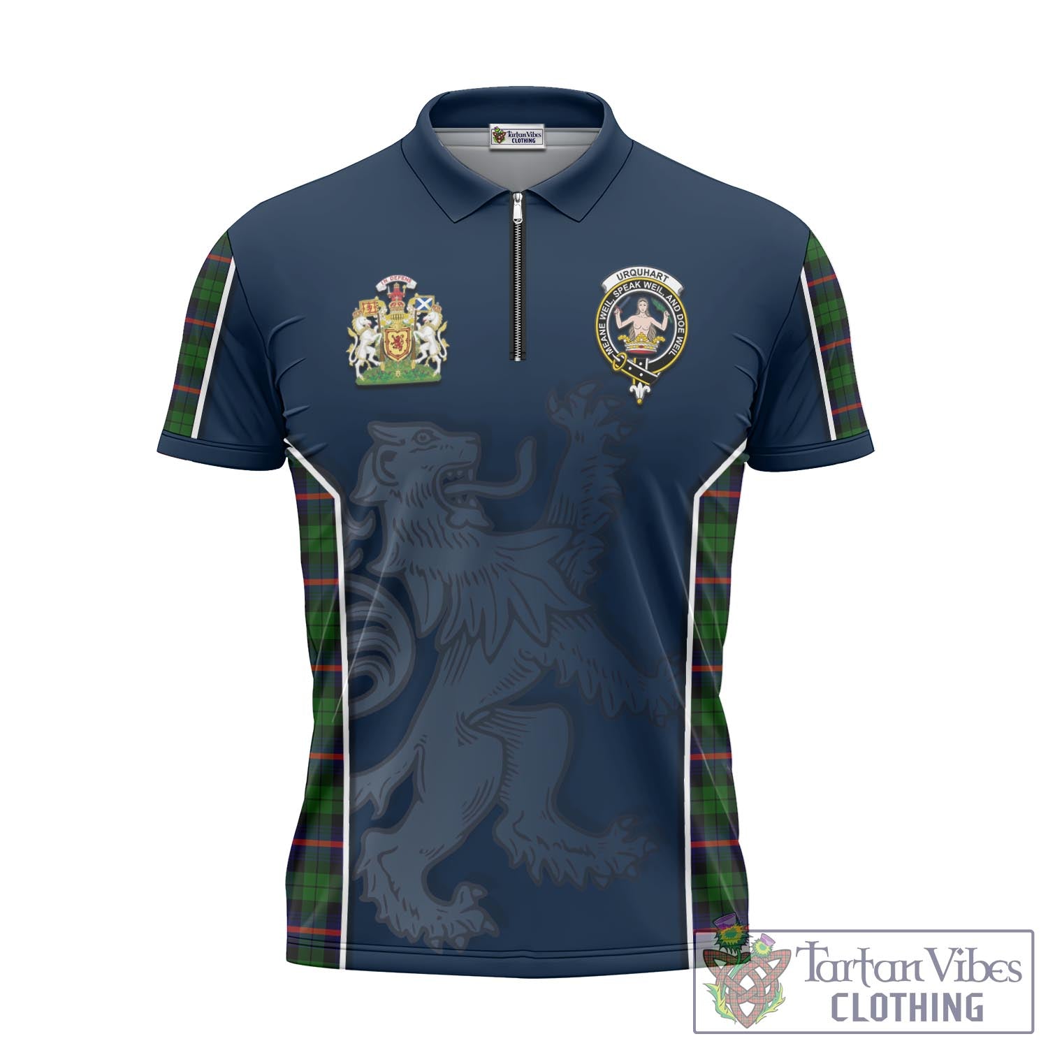 Tartan Vibes Clothing Urquhart Modern Tartan Zipper Polo Shirt with Family Crest and Lion Rampant Vibes Sport Style