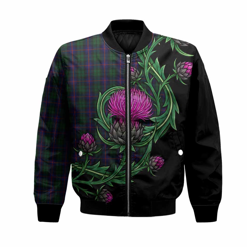 Urquhart Tartan Bomber Jacket Resilient Scottish Thistle Unisex Black - Tartan Vibes Clothing