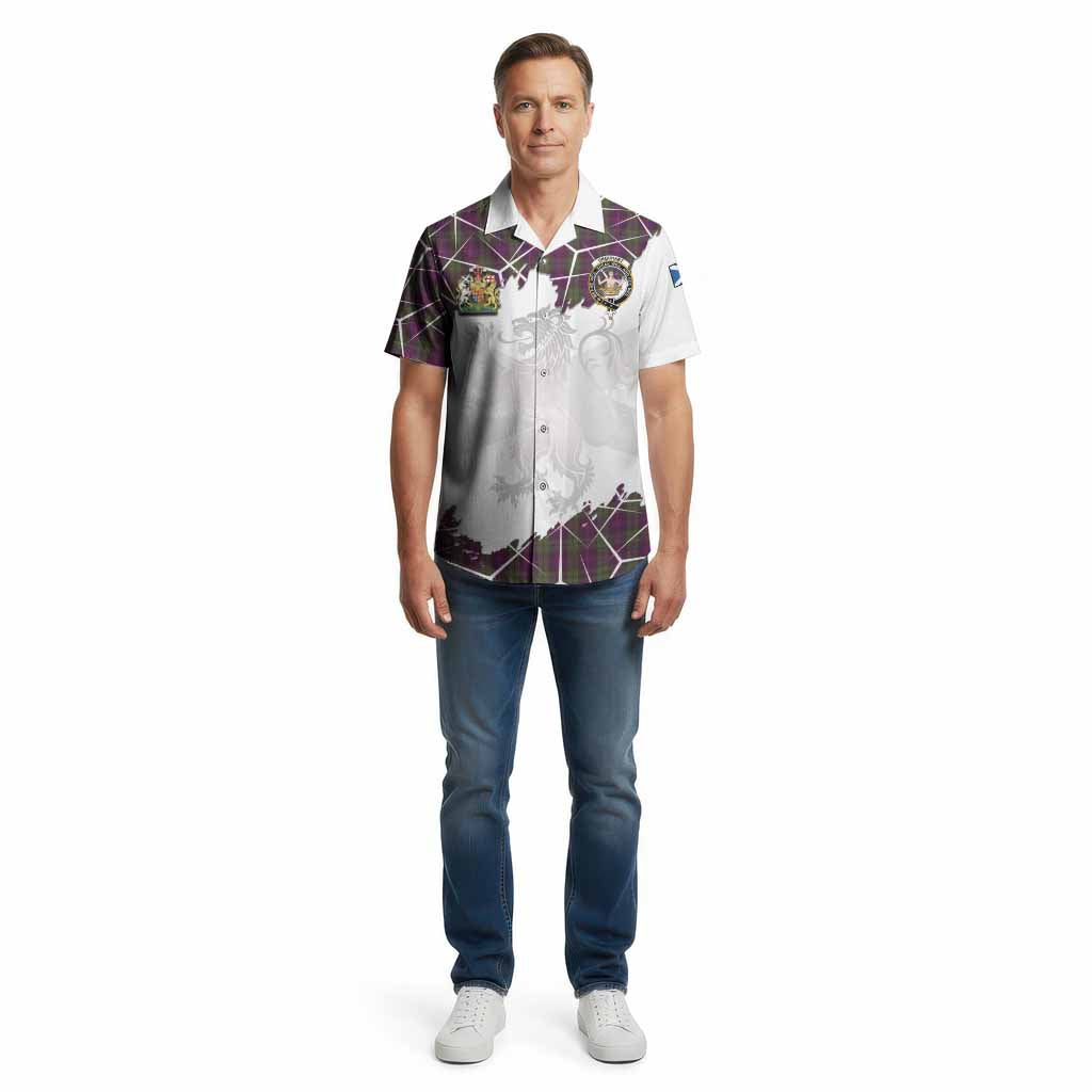 Urquhart Tartan Cotton Hawaiian Shirt with Family Crest and Lion Rampant Grunge Style