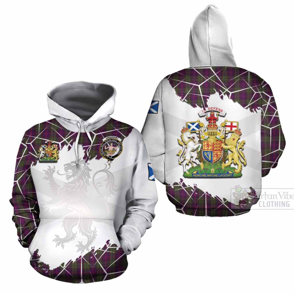 Urquhart Tartan Cotton Hoodie with Family Crest and Lion Rampant Grunge Style
