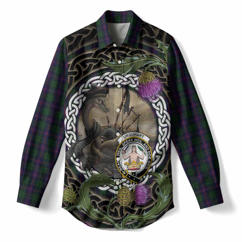 Urquhart Tartan Crest Bagpipe Nessie Women Casual Shirt Scottish Loch Ness Monster Celtic Thistle