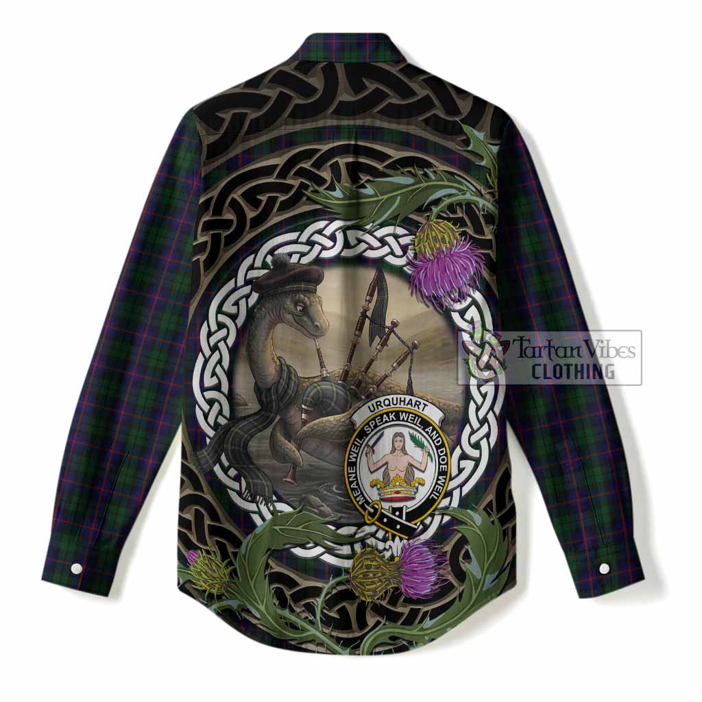 Urquhart Tartan Crest Bagpipe Nessie Women Casual Shirt Scottish Loch Ness Monster Celtic Thistle