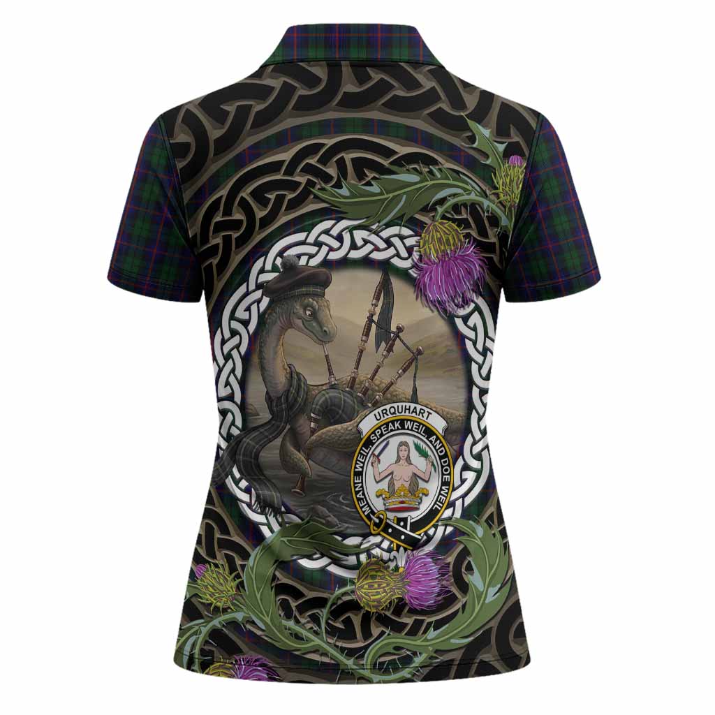 Urquhart Tartan Crest Bagpipe Nessie Women Polo Shirt Scottish Loch Ness Monster Celtic Thistle