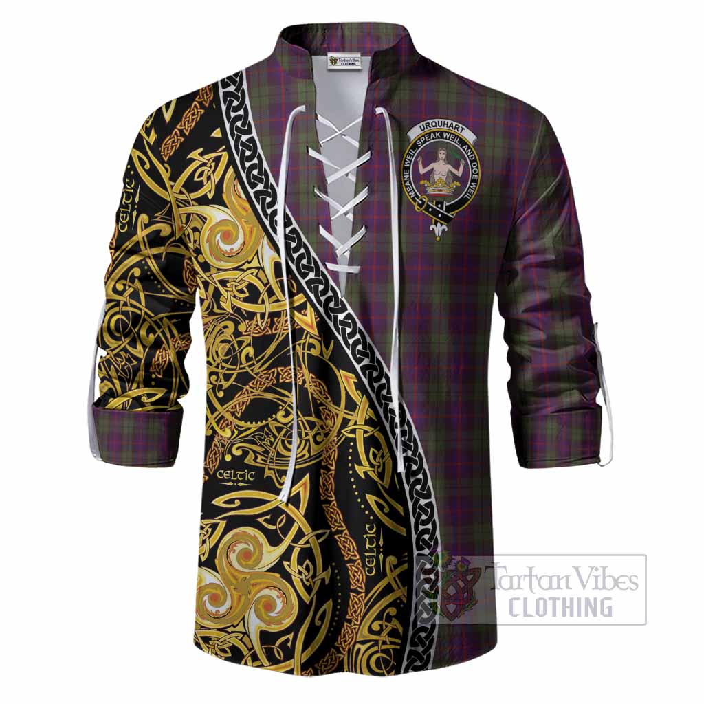 Urquhart Tartan Crest Ghillie Shirt Celtic Knot and Triple Trickle Spiral Symbols