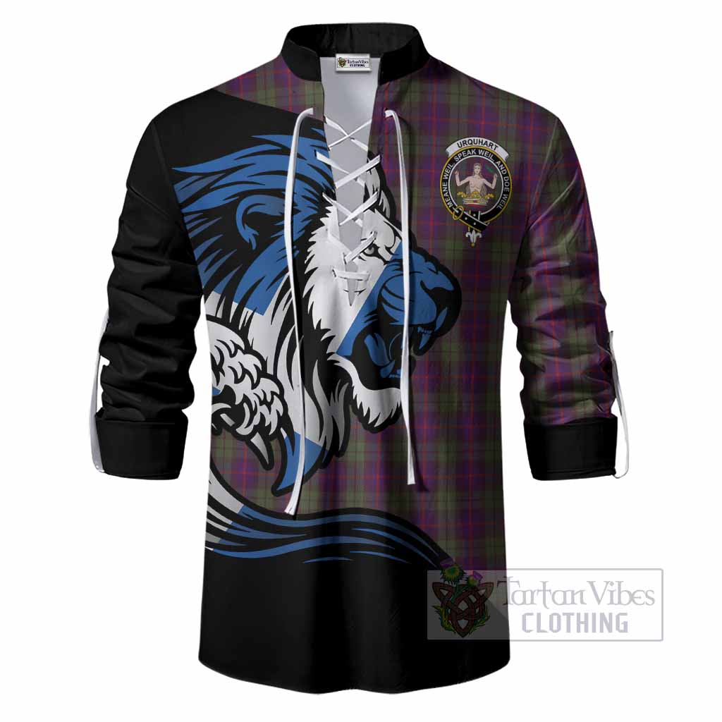 Urquhart Tartan Crest Ghillie Shirt Scottish Golden Lions Wave Flow