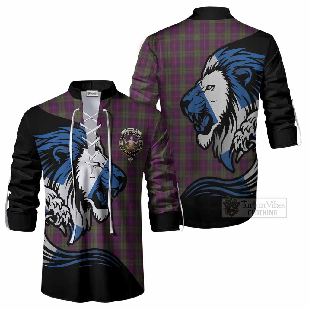 Urquhart Tartan Crest Ghillie Shirt Scottish Golden Lions Wave Flow