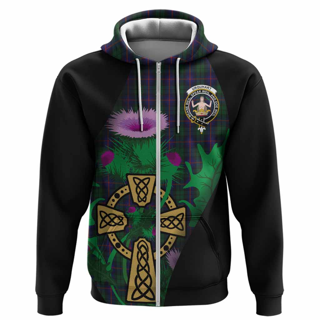 Urquhart Tartan Crest Hoodie Celtic Cross Thistle Flowers
