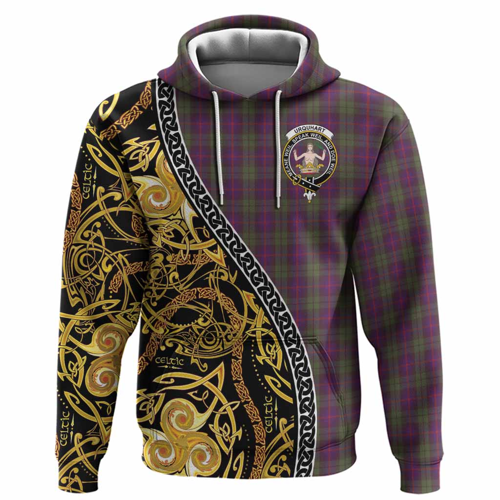 Urquhart Tartan Crest Hoodie Celtic Knot and Triple Trickle Spiral Symbols
