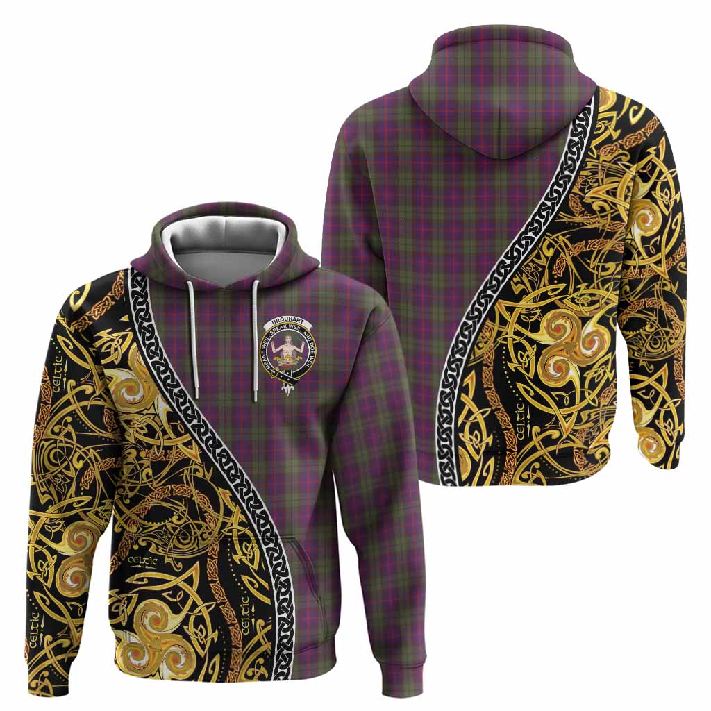 Urquhart Tartan Crest Hoodie Celtic Knot and Triple Trickle Spiral Symbols