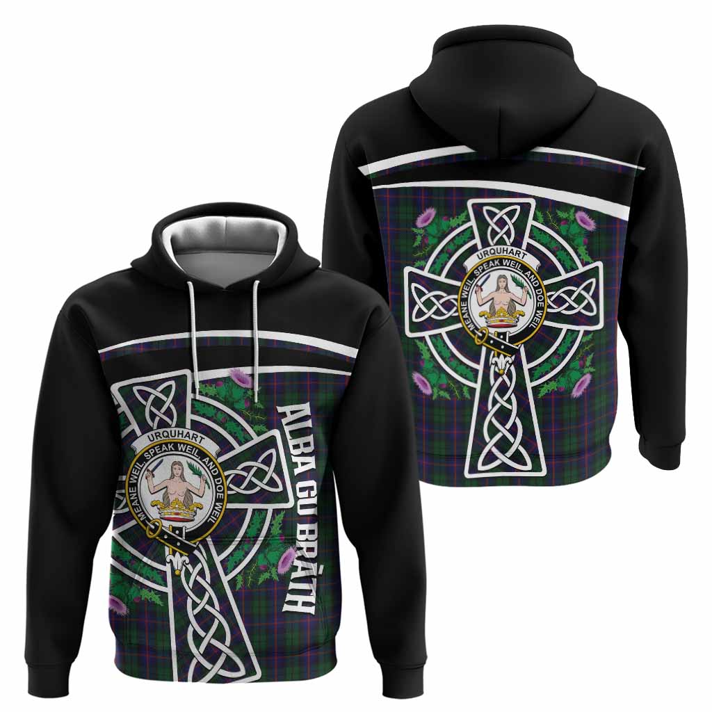 Urquhart Tartan Crest Hoodie Scottish Thistle Celtic Cross Alba Gu Brath