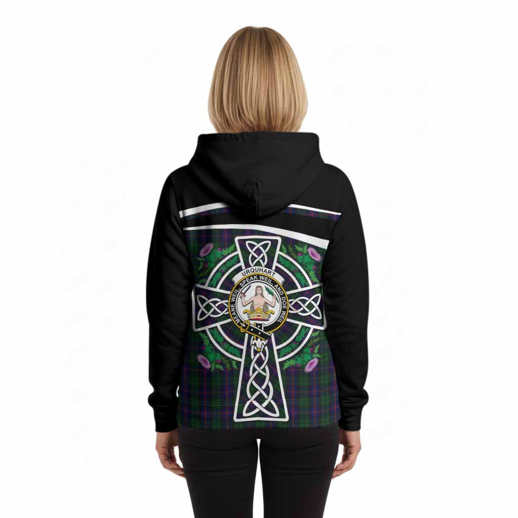 Urquhart Tartan Crest Hoodie Scottish Thistle Celtic Cross Alba Gu Brath