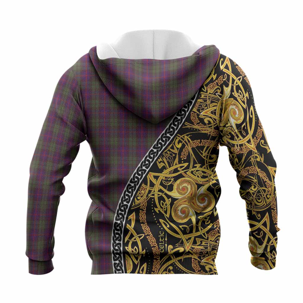 Urquhart Tartan Crest Knitted Hoodie Celtic Knot and Triple Trickle Spiral Symbols