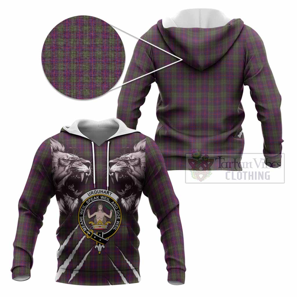 Urquhart Tartan Crest Knitted Hoodie Ferocious Lion Style