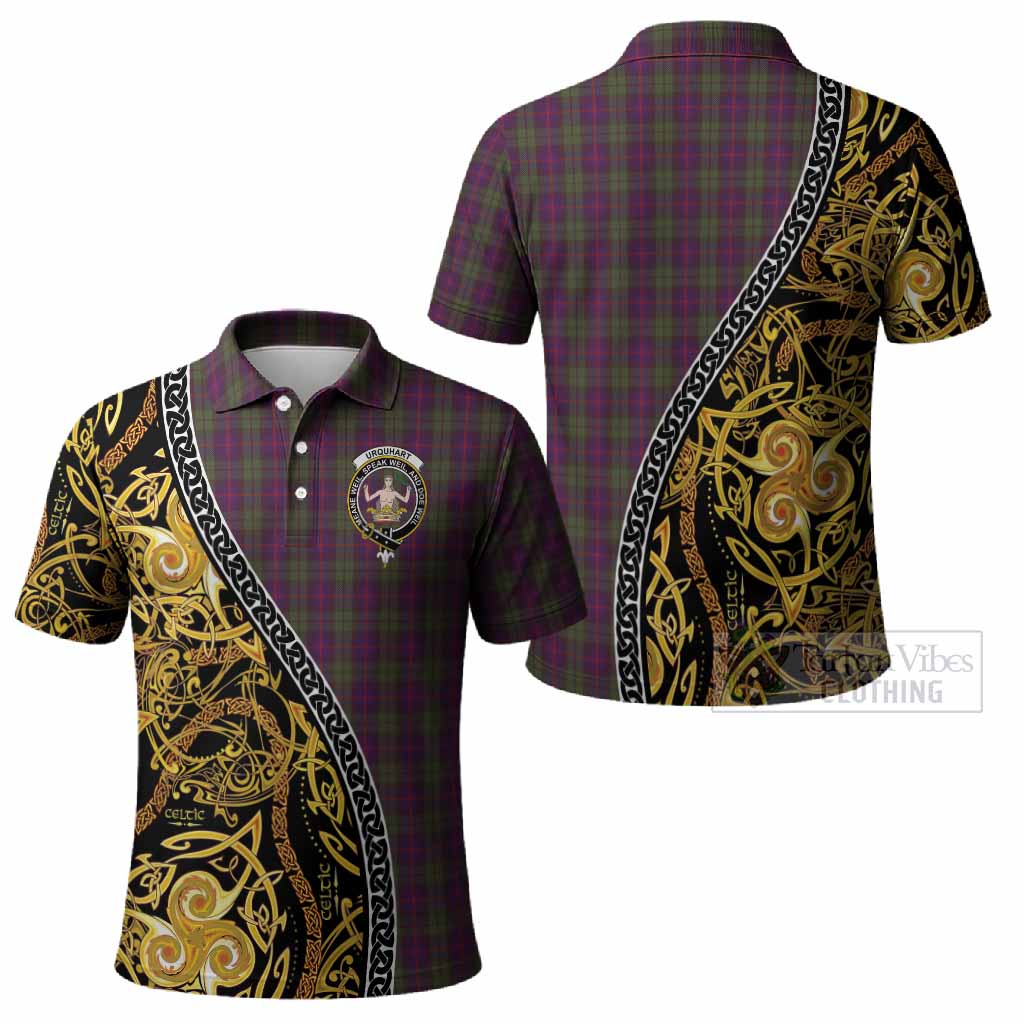 Urquhart Tartan Crest Polo Shirt Celtic Knot and Triple Trickle Spiral Symbols