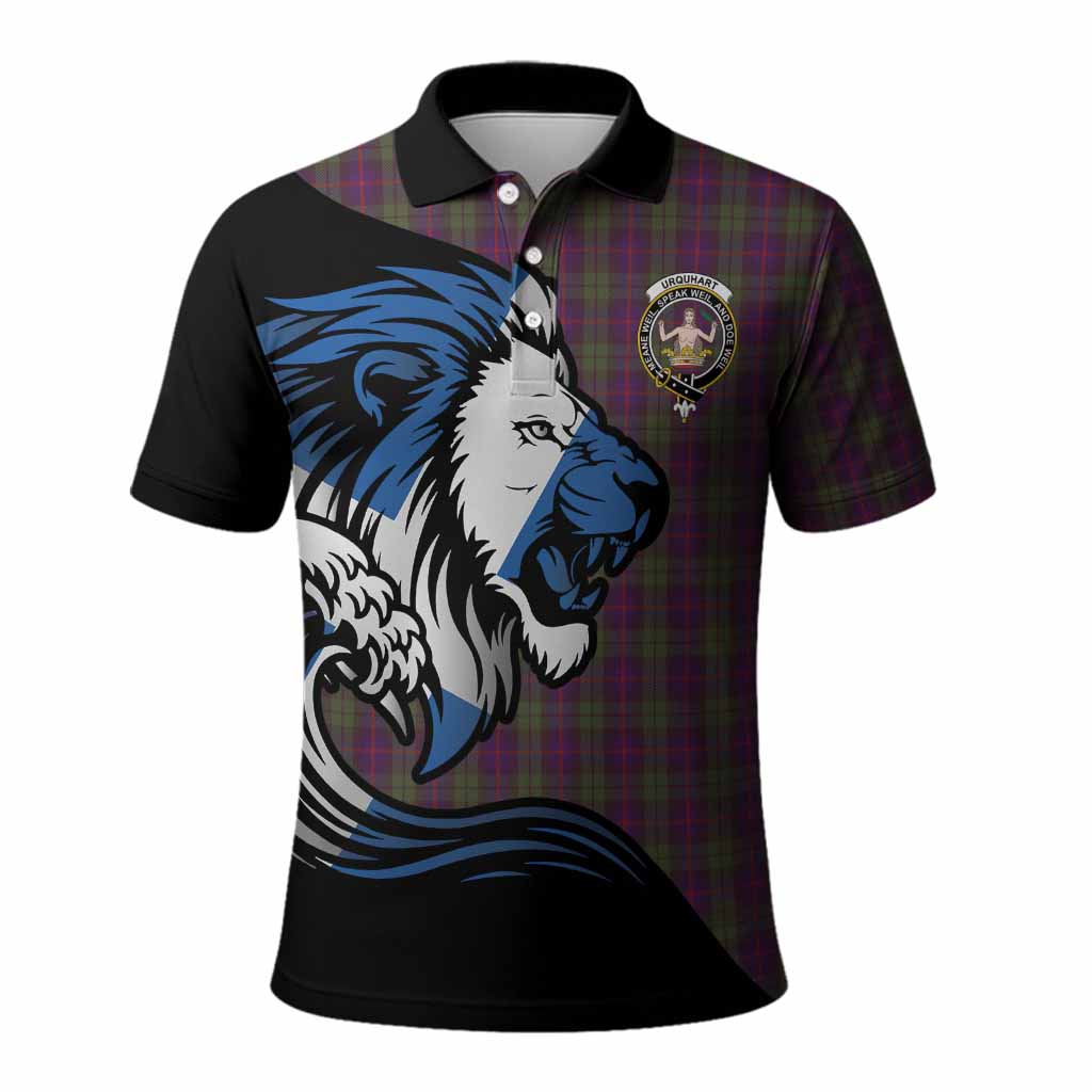 Urquhart Tartan Crest Polo Shirt Scottish Golden Lions Wave Flow