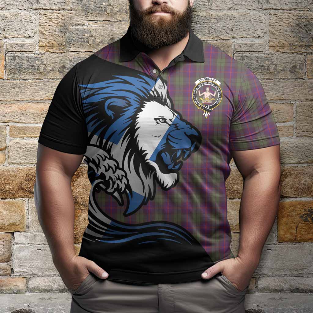 Urquhart Tartan Crest Polo Shirt Scottish Golden Lions Wave Flow