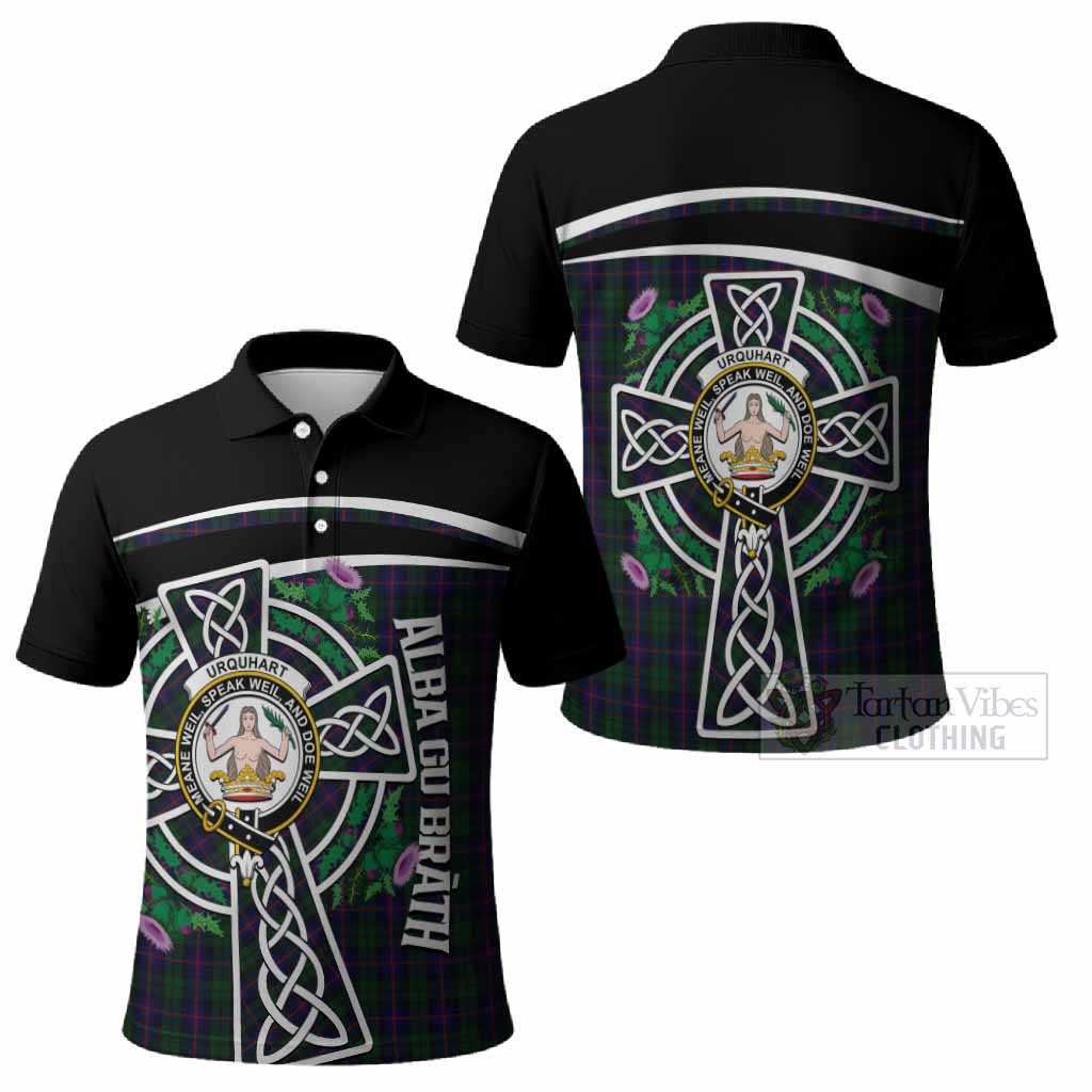 Urquhart Tartan Crest Polo Shirt Scottish Thistle Celtic Cross Alba Gu Brath