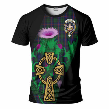Urquhart Tartan Crest T-Shirt Celtic Cross Thistle Flowers