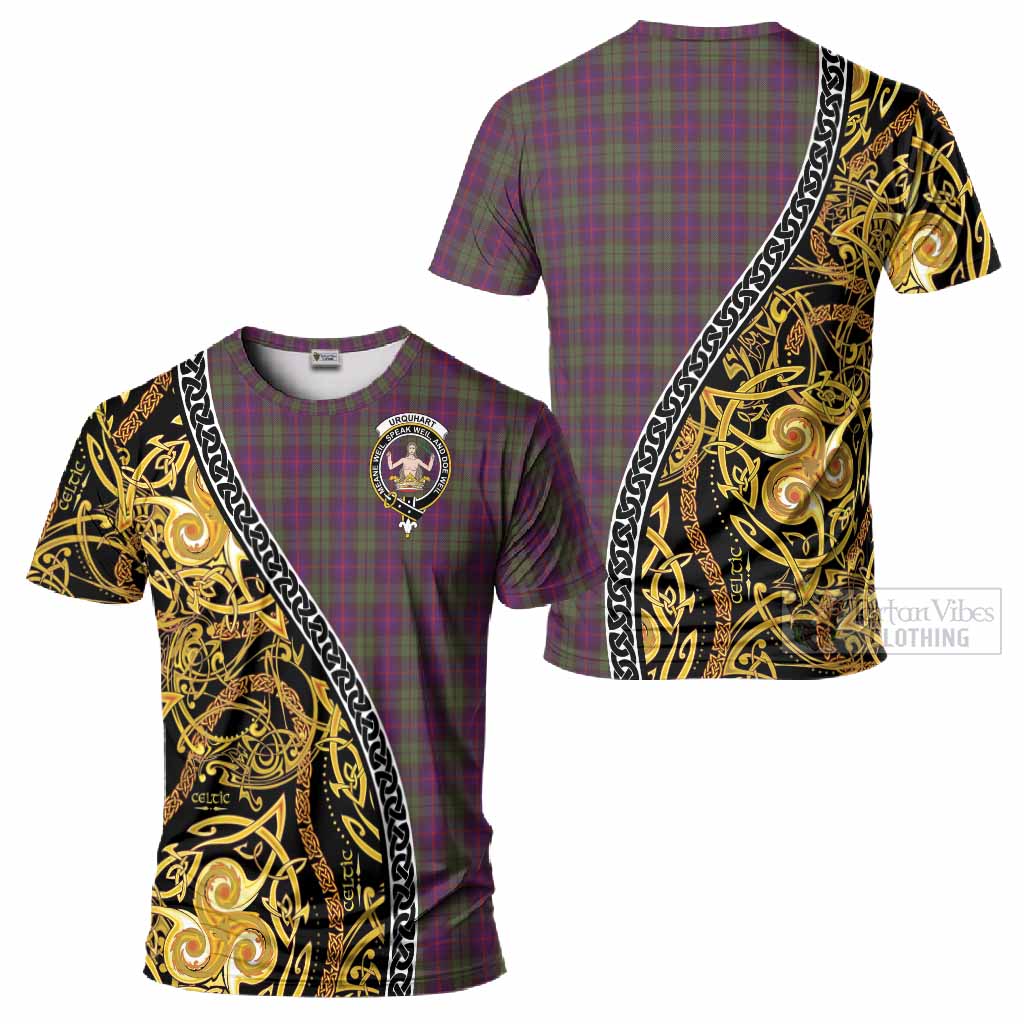 Urquhart Tartan Crest T-Shirt Celtic Knot and Triple Trickle Spiral Symbols