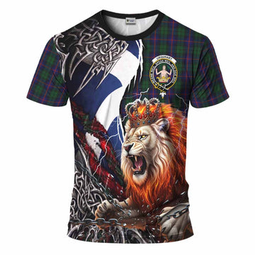 Urquhart Tartan Crest T-Shirt Heritage Flag Grunge Celtic Knot and Lion Rampant