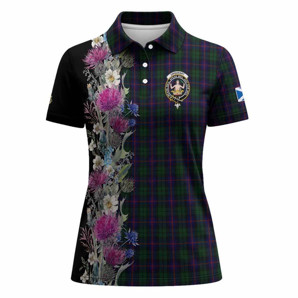 Urquhart Tartan Crest Thistle Floral Women Polo Shirt