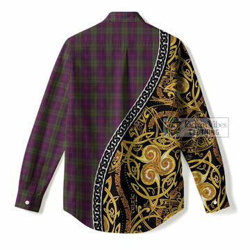 Urquhart Tartan Crest Women Casual Shirt Celtic Knot and Triple Trickle Spiral Symbols