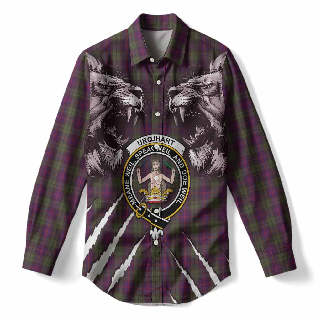 Urquhart Tartan Crest Women Casual Shirt Ferocious Lion Style