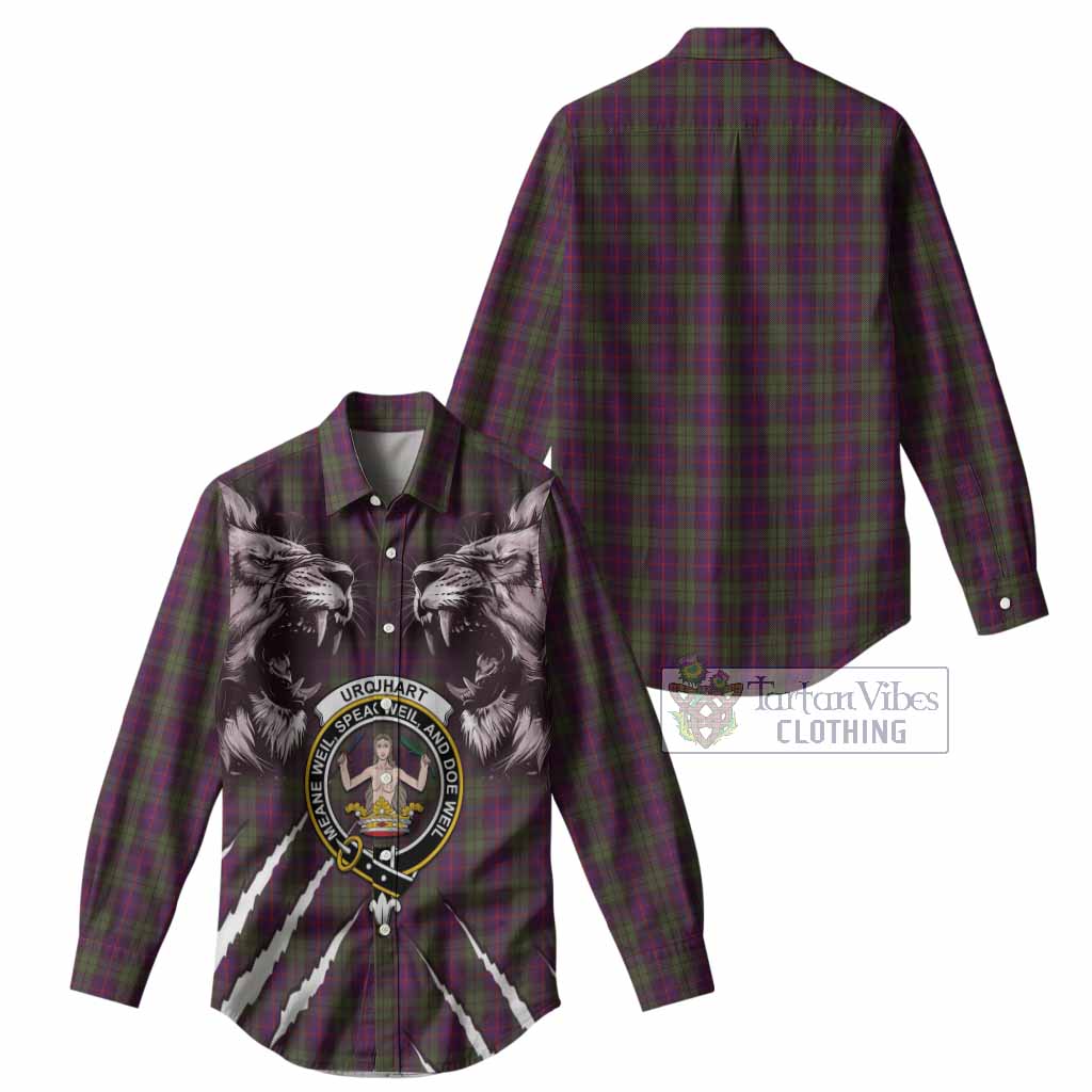 Urquhart Tartan Crest Women Casual Shirt Ferocious Lion Style