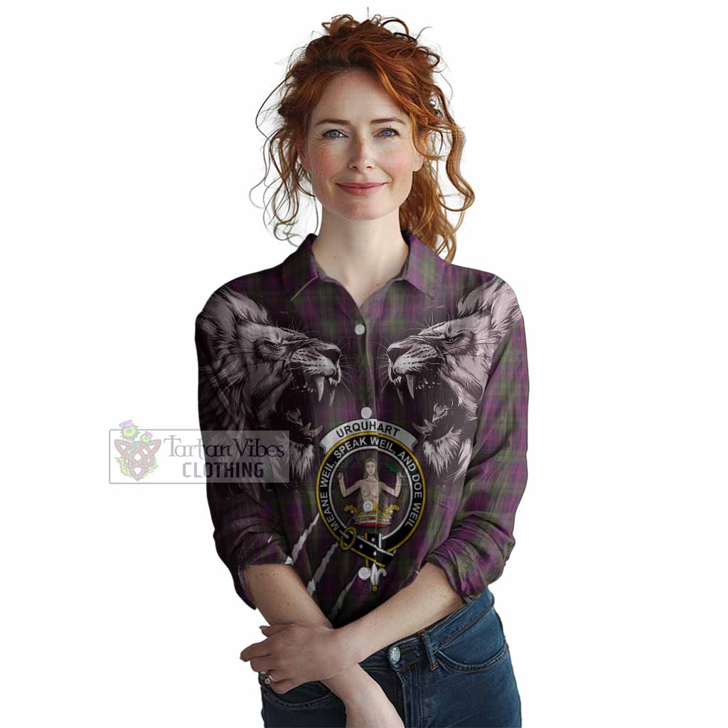 Urquhart Tartan Crest Women Casual Shirt Ferocious Lion Style