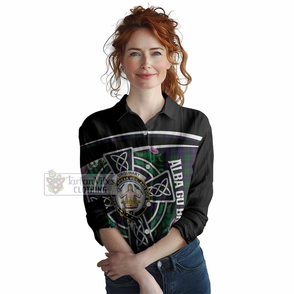 Urquhart Tartan Crest Women Casual Shirt Scottish Thistle Celtic Cross Alba Gu Brath