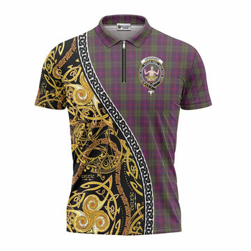 Urquhart Tartan Crest Zipper Polo Shirt Celtic Knot and Triple Trickle Spiral Symbols