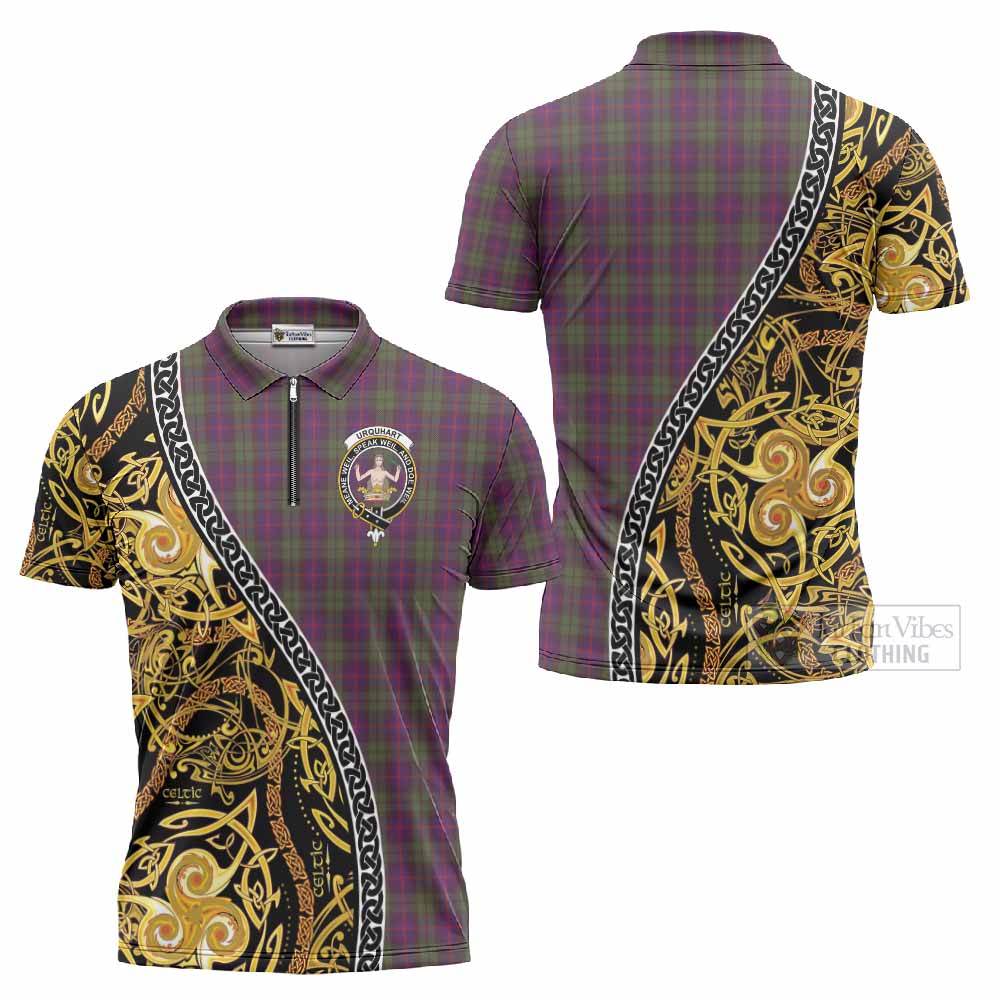 Urquhart Tartan Crest Zipper Polo Shirt Celtic Knot and Triple Trickle Spiral Symbols