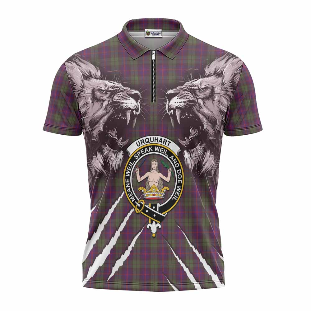 Urquhart Tartan Crest Zipper Polo Shirt Ferocious Lion Style