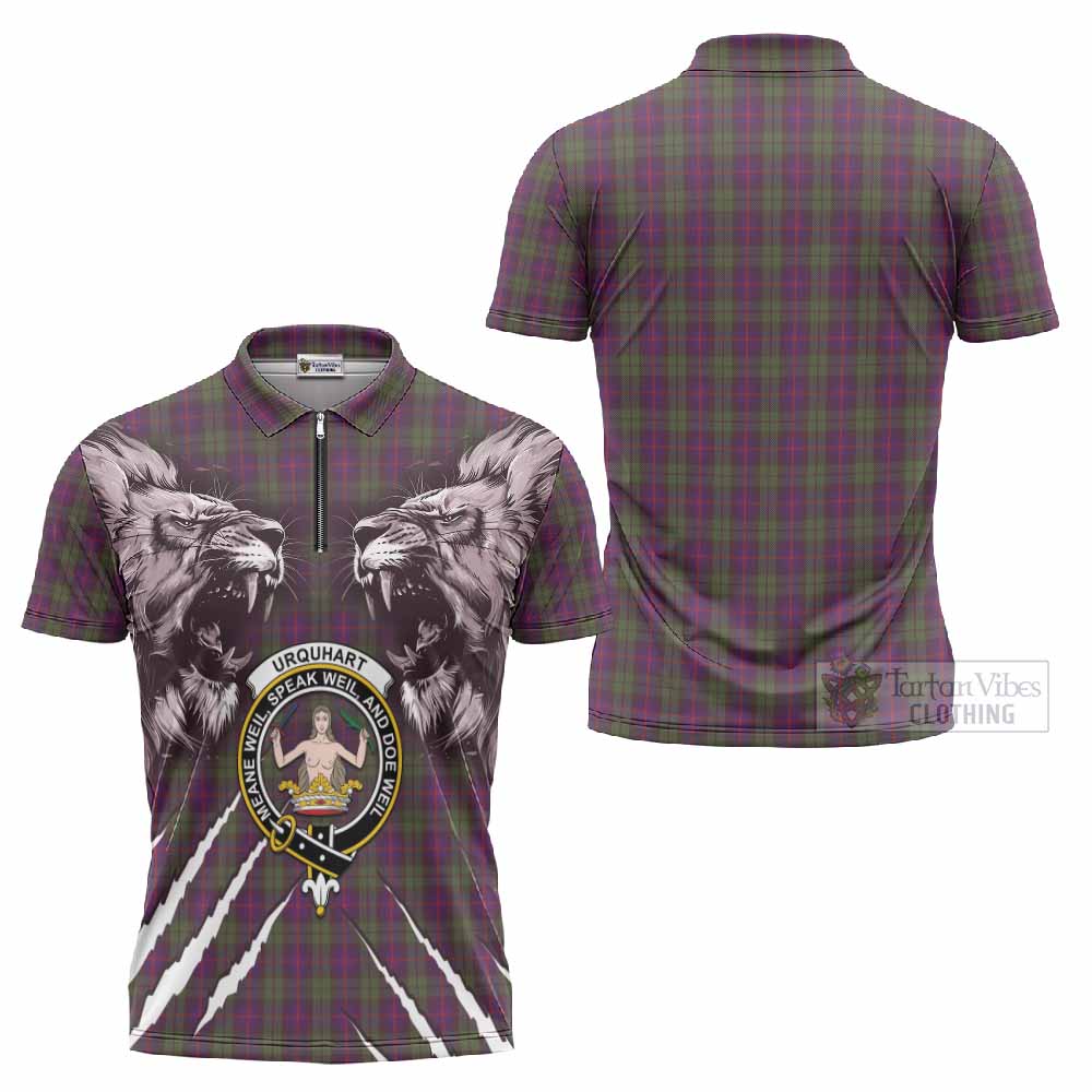 Urquhart Tartan Crest Zipper Polo Shirt Ferocious Lion Style