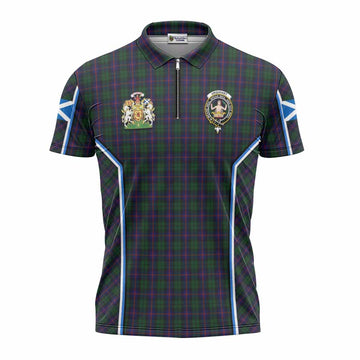 Urquhart Tartan Crest Zipper Polo Shirt Scotland Coat of Arm Flag Style