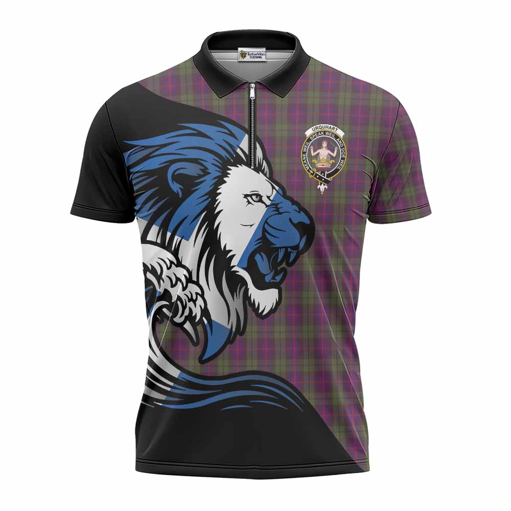 Urquhart Tartan Crest Zipper Polo Shirt Scottish Golden Lions Wave Flow
