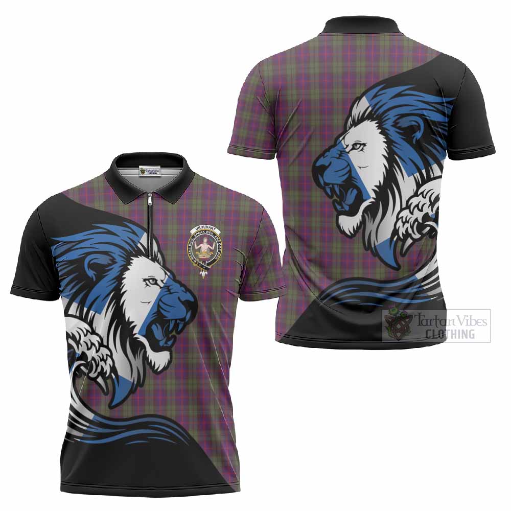 Urquhart Tartan Crest Zipper Polo Shirt Scottish Golden Lions Wave Flow