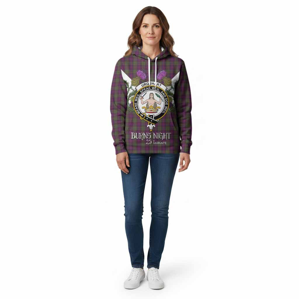 Urquhart Tartan Family Crest Cotton Hoodie Scottish Burns Night Thistle Floral